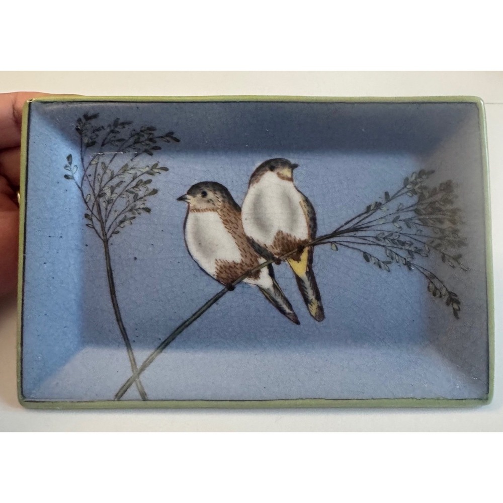 Blue Crackle Glaze Ceramic Trinket Dish Two Birds on Branch Jewelry Tray 6.5x4.5
